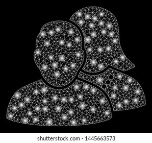 Glowing mesh people with sparkle effect. Abstract illuminated model of people icon. Shiny wire frame polygonal mesh people. Vector abstraction on a black background.
