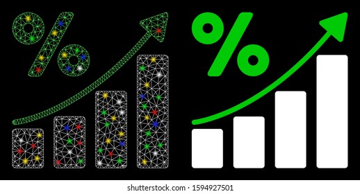 Glowing mesh percent growing graph trend icon with lightspot effect. Abstract illuminated model of percent growing graph trend. Shiny wire carcass triangular mesh percent growing graph trend icon.
