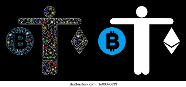 Glowing mesh person compare cryptocurrency icon with lightspot effect. Abstract illuminated model of person compare cryptocurrency.