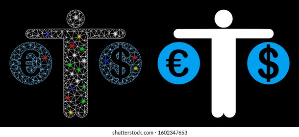Glowing mesh person compare Dollar and Euro icon with lightspot effect. Abstract illuminated model of person compare Dollar and Euro.