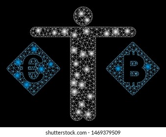 Glowing mesh person compare Euro and Bitcoin with glare effect. Abstract illuminated model of person compare Euro and Bitcoin icon. Shiny wire carcass polygonal mesh person compare Euro and Bitcoin.