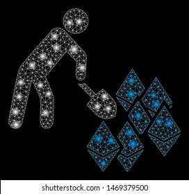 Glowing mesh person mining Ethereum with glitter effect. Abstract illuminated model of person mining Ethereum icon. Shiny wire frame triangular mesh person mining Ethereum.