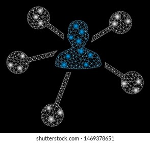 Glowing mesh person relations with glare effect. Abstract illuminated model of person relations icon. Shiny wire carcass polygonal mesh person relations. Vector abstraction on a black background.