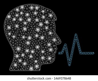 Glowing mesh person speech signal with lightspot effect. Abstract illuminated model of person speech signal icon. Shiny wire frame triangular mesh person speech signal.