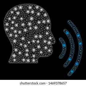 Glowing mesh person speech waves with glow effect. Abstract illuminated model of person speech waves icon. Shiny wire frame triangular mesh person speech waves.