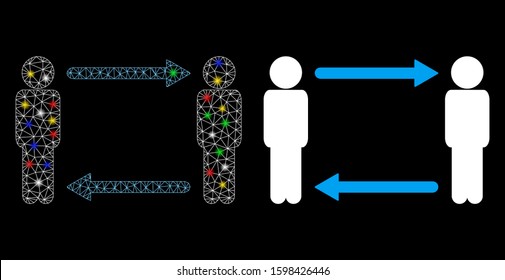 Glowing mesh persons exchange arrows icon with glow effect. Abstract illuminated model of persons exchange arrows. Shiny wire carcass triangular mesh persons exchange arrows icon.