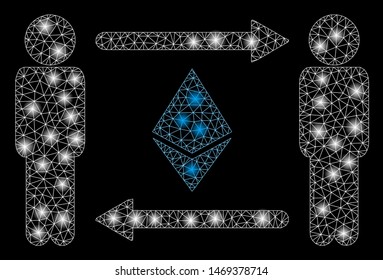 Glowing mesh persons exchange Ethereum with sparkle effect. Abstract illuminated model of persons exchange Ethereum icon. Shiny wire frame triangular mesh persons exchange Ethereum.