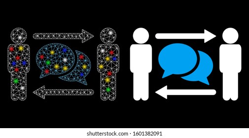 Glowing mesh persons exchange messages icon with glitter effect. Abstract illuminated model of persons exchange messages. Shiny wire carcass polygonal mesh persons exchange messages icon.
