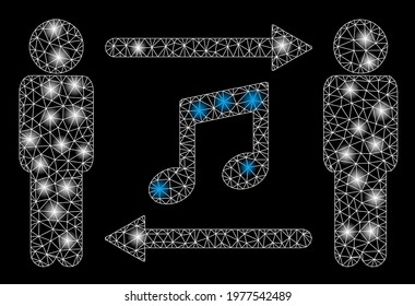 Glowing mesh persons music exchange with lightspot effect. Abstract illuminated model of persons music exchange icon. Shiny wire carcass triangular mesh persons music exchange.