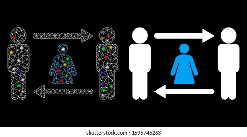 Glowing mesh persons woman exchange icon with lightspot effect. Abstract illuminated model of persons woman exchange. Shiny wire carcass triangular mesh persons woman exchange icon.