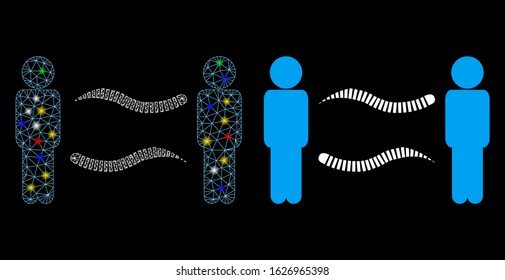 Glowing mesh persons worms exchange icon with glare effect. Abstract illuminated model of persons worms exchange. Shiny wire frame polygonal network persons worms exchange icon.