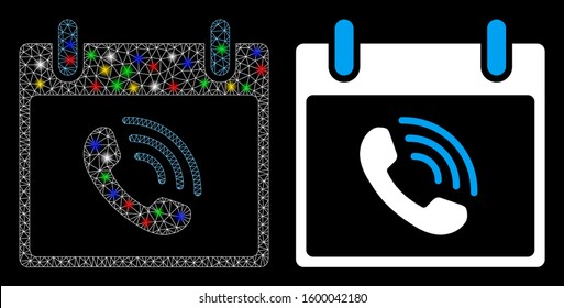 Glowing mesh phone call calendar day icon with glitter effect. Abstract illuminated model of phone call calendar day. Shiny wire carcass triangular mesh phone call calendar day icon.