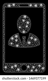Glowing mesh phone customer profile with sparkle effect. Abstract illuminated model of phone customer profile icon. Shiny wire carcass triangular mesh phone customer profile.
