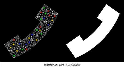 Glowing mesh phone icon with sparkle effect. Abstract illuminated model of phone. Shiny wire carcass polygonal mesh phone icon. Vector abstraction on a black background.