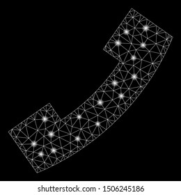 Glowing mesh phone with lightspot effect. Abstract illuminated model of phone icon. Shiny wire carcass triangular mesh phone. Vector abstraction on a black background.