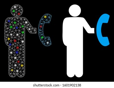 Glowing mesh phone marketing icon with glow effect. Abstract illuminated model of phone marketing. Shiny wire frame polygonal mesh phone marketing icon. Vector abstraction on a black background.