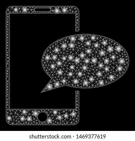Glowing mesh phone message with lightspot effect. Abstract illuminated model of phone message icon. Shiny wire frame polygonal mesh phone message. Vector abstraction on a black background.