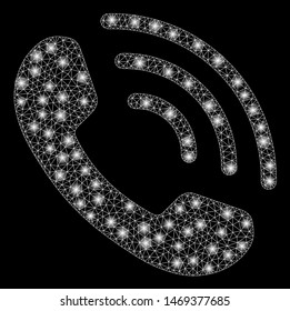 Glowing mesh phone ring with glare effect. Abstract illuminated model of phone ring icon. Shiny wire carcass polygonal mesh phone ring. Vector abstraction on a black background.