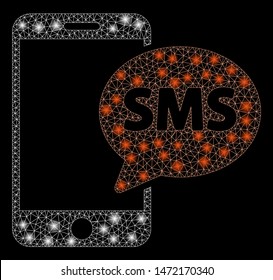 Glowing mesh phone SMS with glare effect. Abstract illuminated model of phone SMS icon. Shiny wire carcass polygonal network phone SMS. Vector abstraction on a black background.