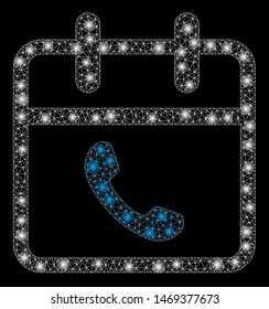 Glowing mesh phone support day with glow effect. Abstract illuminated model of phone support day icon. Shiny wire carcass triangular mesh phone support day. Vector abstraction on a black background.