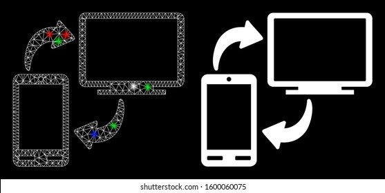 Glowing mesh phone-desktop sync icon with glow effect. Abstract illuminated model of phone-desktop sync. Shiny wire frame polygonal mesh phone-desktop sync icon.