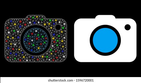 Glowing mesh photo camera icon with glare effect. Abstract illuminated model of photo camera. Shiny wire frame triangular network photo camera icon. Vector abstraction on a black background.