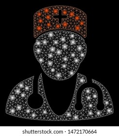 Glowing mesh physician with glow effect. Abstract illuminated model of physician icon. Shiny wire frame polygonal mesh physician. Vector abstraction on a black background.