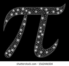 Glowing mesh pi symbol with sparkle effect. Abstract illuminated model of pi symbol icon. Shiny wire carcass triangular mesh pi symbol. Vector abstraction on a black background.