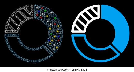 Glowing mesh pie chart icon with glow effect. Abstract illuminated model of pie chart. Shiny wire frame polygonal mesh pie chart icon. Vector abstraction on a black background.
