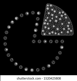 Glowing mesh pie chart with sparkle effect. Abstract illuminated model of pie chart icon. Shiny wire carcass polygonal mesh pie chart. Vector abstraction on a black background.