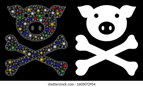 Glowing mesh pig death icon with sparkle effect. Abstract illuminated model of pig death. Shiny wire carcass polygonal mesh pig death icon. Vector abstraction on a black background.