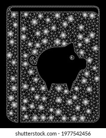 Glowing mesh pig handbook with sparkle effect. Abstract illuminated model of pig handbook icon. Shiny wire carcass polygonal mesh pig handbook. Vector abstraction on a black background.