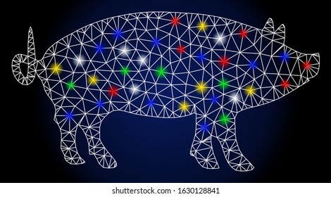Glowing mesh pig with lightspot effect. Abstract illuminated model of pig. Shiny wire frame polygonal mesh pig icon. Vector abstraction on a dark blue gradient background.