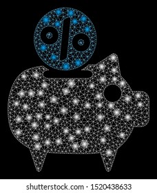 Glowing mesh piggy bank with lightspot effect. Abstract illuminated model of piggy bank icon. Shiny wire carcass triangular mesh piggy bank. Vector abstraction on a black background.