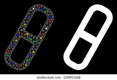 Glowing mesh pill icon with sparkle effect. Abstract illuminated model of pill. Shiny wire carcass triangular mesh pill icon. Vector abstraction on a black background.