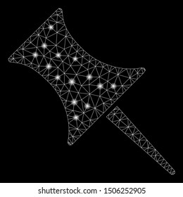 Glowing mesh pin with glare effect. Abstract illuminated model of pin icon. Shiny wire frame triangular mesh pin. Vector abstraction on a black background.