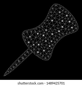 Glowing mesh pin with glitter effect. Abstract illuminated model of pin icon. Shiny wire frame polygonal mesh pin. Vector abstraction on a black background.