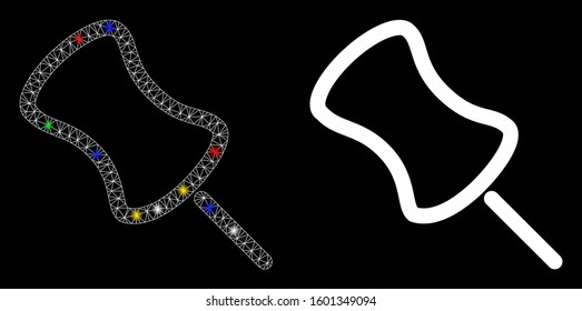 Glowing mesh pin icon with glitter effect. Abstract illuminated model of pin. Shiny wire frame triangular network pin icon. Vector abstraction on a black background.