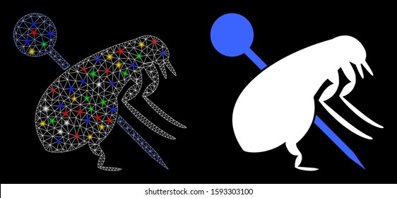 Glowing mesh pinned flea icon with glow effect. Abstract illuminated model of pinned flea. Shiny wire carcass polygonal mesh pinned flea icon. Vector abstraction on a black background.