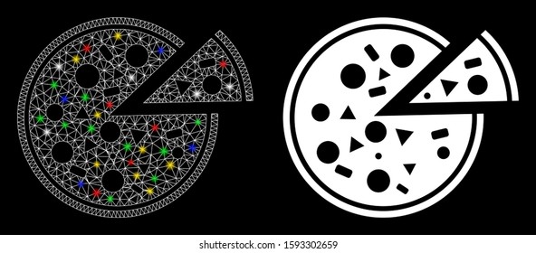 Glowing mesh pizza icon with glow effect. Abstract illuminated model of pizza. Shiny wire carcass triangular mesh pizza icon. Vector abstraction on a black background.