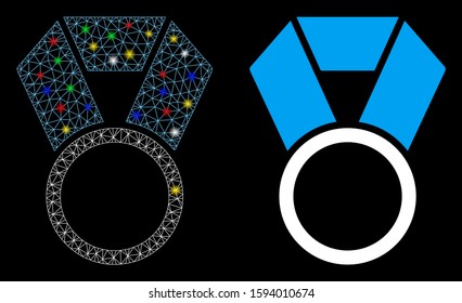 Glowing mesh place medal template icon with glitter effect. Abstract illuminated model of place medal template. Shiny wire frame triangular network place medal template icon.