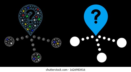 Glowing mesh place question icon with glitter effect. Abstract illuminated model of place question. Shiny wire frame triangular mesh place question icon. Vector abstraction on a black background.