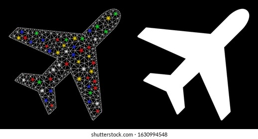 Glowing mesh plane icon with glare effect. Abstract illuminated model of plane. Shiny wire carcass polygonal mesh plane icon. Vector abstraction on a black background.