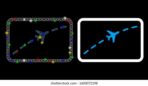 Glowing mesh plane route icon with glare effect. Abstract illuminated model of plane route. Shiny wire frame polygonal mesh plane route icon. Vector abstraction on a black background.