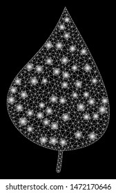 Glowing mesh plant leaf with glitter effect. Abstract illuminated model of plant leaf icon. Shiny wire frame triangular mesh plant leaf. Vector abstraction on a black background.
