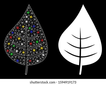 Glowing mesh plant leaf icon with glare effect. Abstract illuminated model of plant leaf. Shiny wire frame triangular mesh plant leaf icon. Vector abstraction on a black background.