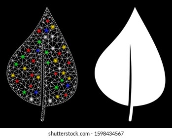 Glowing mesh plant leaf icon with glare effect. Abstract illuminated model of plant leaf. Shiny wire frame polygonal mesh plant leaf icon. Vector abstraction on a black background.