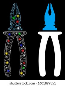 Glowing mesh pliers icon with glow effect. Abstract illuminated model of pliers. Shiny wire carcass polygonal mesh pliers icon. Vector abstraction on a black background.