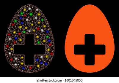 Glowing mesh plus egg icon with lightspot effect. Abstract illuminated model of plus egg. Shiny wire frame triangular mesh plus egg icon. Vector abstraction on a black background.