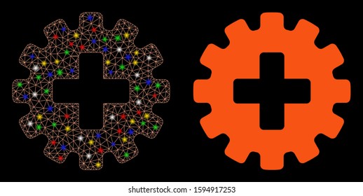 Glowing mesh plus gear icon with glare effect. Abstract illuminated model of plus gear. Shiny wire frame triangular mesh plus gear icon. Vector abstraction on a black background.